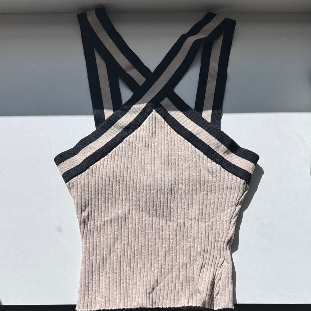 Ribbed Crossback Tank Top in Beige and Black